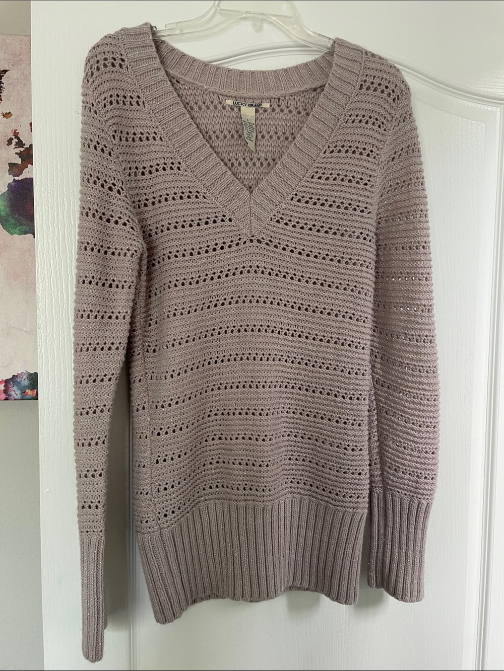 Lucky Brand V-Neck Openwork Sweater in Dusty Mauve